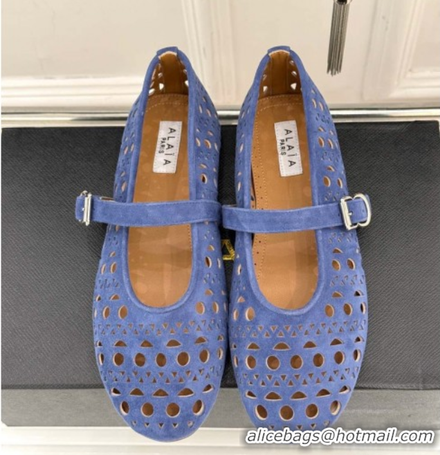 Duplicate Alaia Ballet Flat in Openwork Suede Blue Purple 50224052