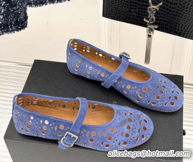 Duplicate Alaia Ballet Flat in Openwork Suede Blue Purple 50224052