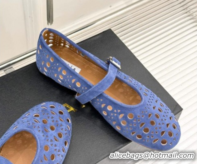 Duplicate Alaia Ballet Flat in Openwork Suede Blue Purple 50224052