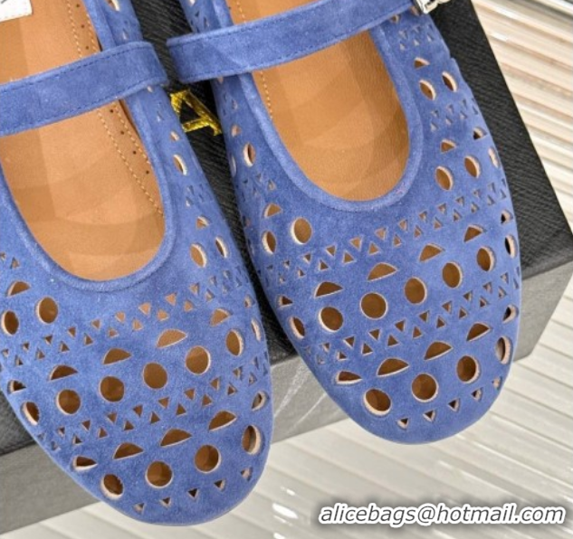 Duplicate Alaia Ballet Flat in Openwork Suede Blue Purple 50224052