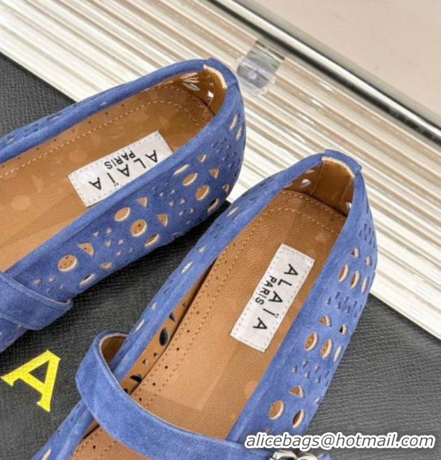 Duplicate Alaia Ballet Flat in Openwork Suede Blue Purple 50224052