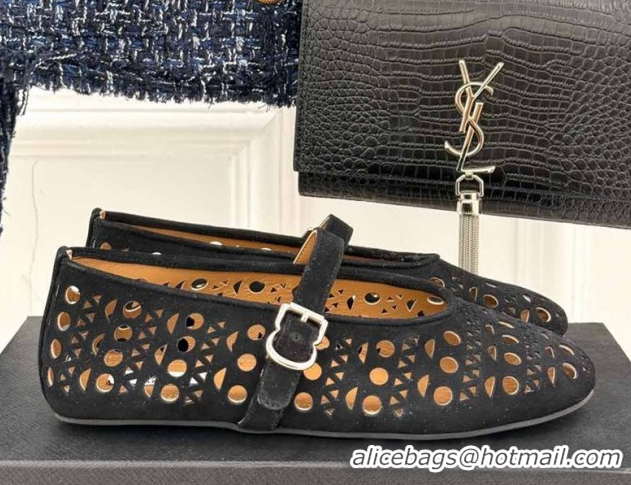 Perfect Alaia Ballet Flat in Openwork Suede Black 50224053