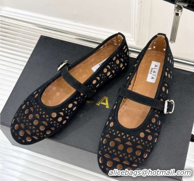 Perfect Alaia Ballet Flat in Openwork Suede Black 50224053