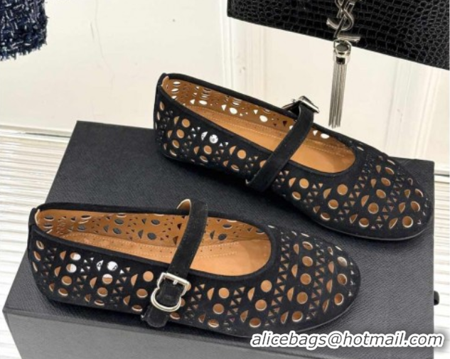 Perfect Alaia Ballet Flat in Openwork Suede Black 50224053