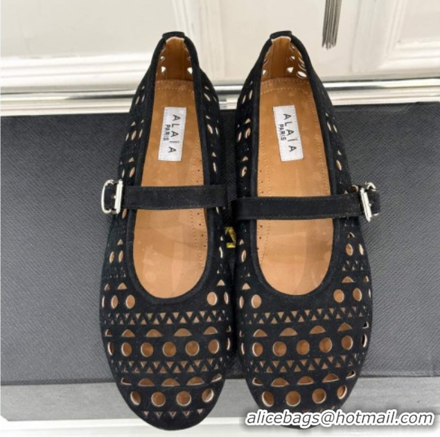 Perfect Alaia Ballet Flat in Openwork Suede Black 50224053