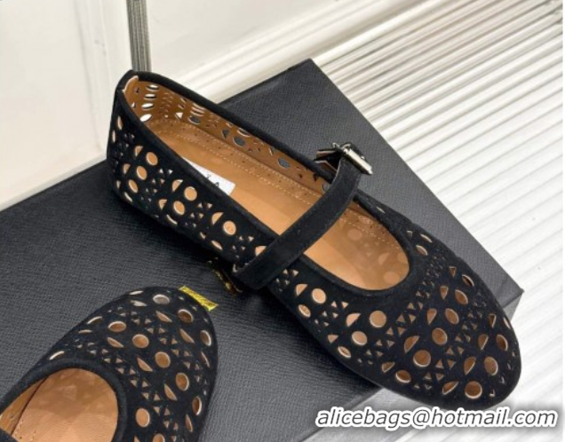 Perfect Alaia Ballet Flat in Openwork Suede Black 50224053