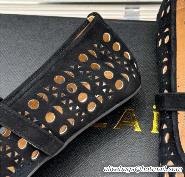 Perfect Alaia Ballet Flat in Openwork Suede Black 50224053