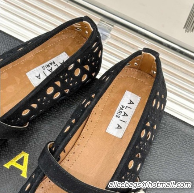 Perfect Alaia Ballet Flat in Openwork Suede Black 50224053