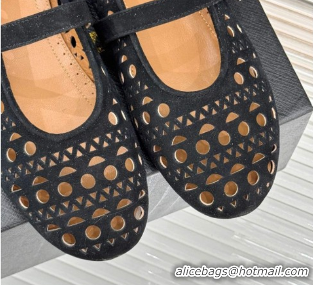 Perfect Alaia Ballet Flat in Openwork Suede Black 50224053