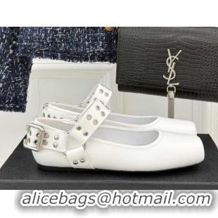 Affordable Price Alaia Biker Squared toe Ballet Flats in Calfskin and Eyelets with Buckle White 50224054
