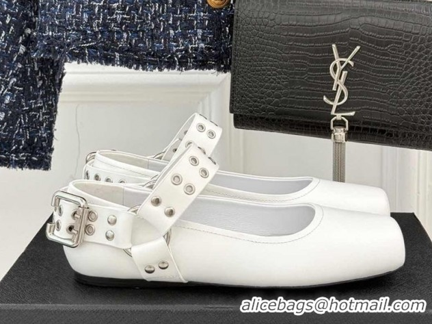 Affordable Price Alaia Biker Squared toe Ballet Flats in Calfskin and Eyelets with Buckle White 50224054