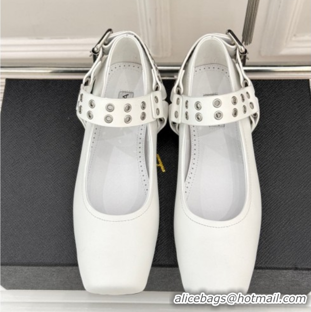 Affordable Price Alaia Biker Squared toe Ballet Flats in Calfskin and Eyelets with Buckle White 50224054