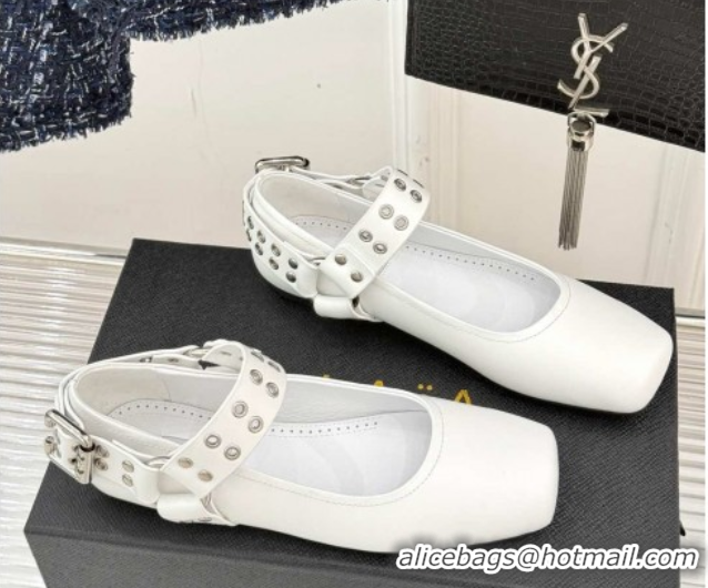 Affordable Price Alaia Biker Squared toe Ballet Flats in Calfskin and Eyelets with Buckle White 50224054