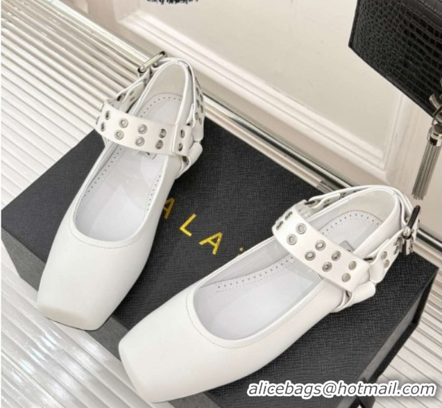 Affordable Price Alaia Biker Squared toe Ballet Flats in Calfskin and Eyelets with Buckle White 50224054