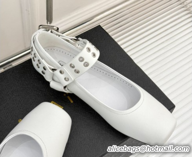 Affordable Price Alaia Biker Squared toe Ballet Flats in Calfskin and Eyelets with Buckle White 50224054