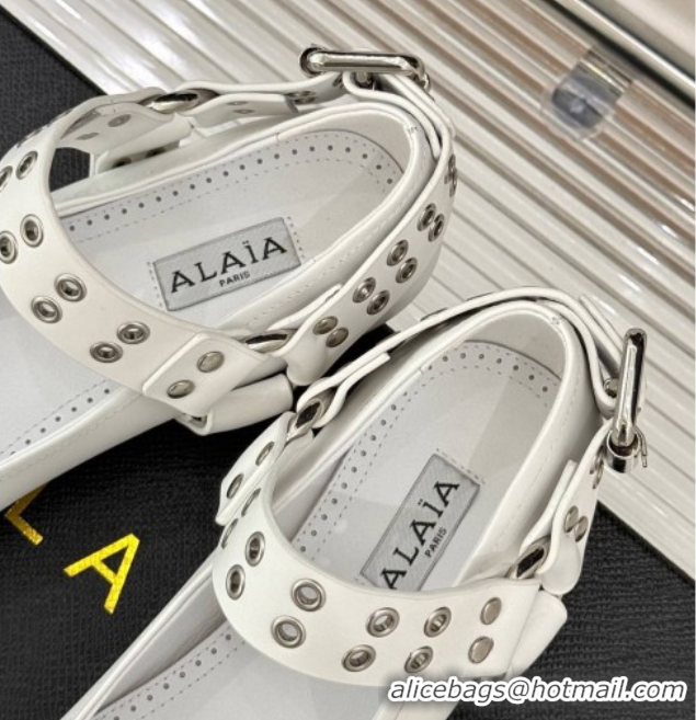 Affordable Price Alaia Biker Squared toe Ballet Flats in Calfskin and Eyelets with Buckle White 50224054