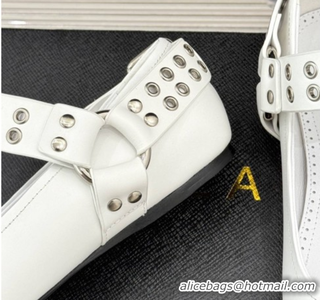 Affordable Price Alaia Biker Squared toe Ballet Flats in Calfskin and Eyelets with Buckle White 50224054