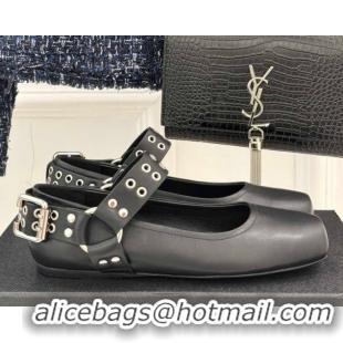 Duplicate Alaia Biker Squared toe Ballet Flats in Calfskin and Eyelets with Buckle Black 50224055