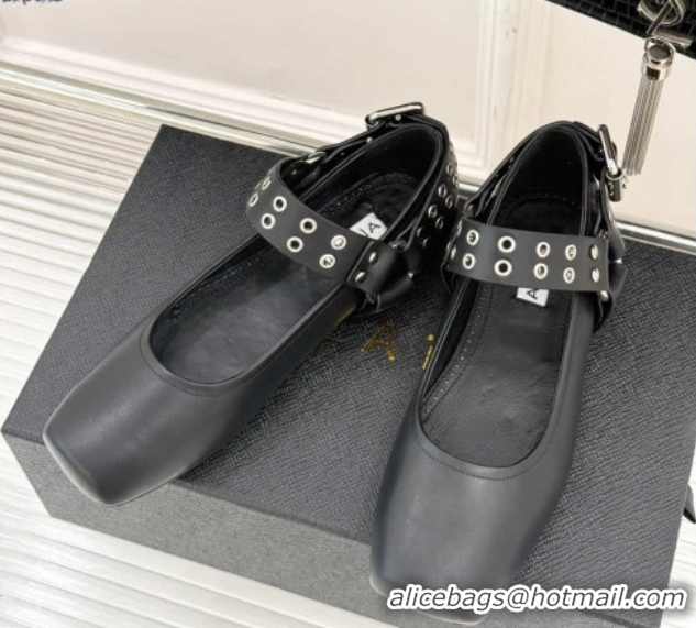 Duplicate Alaia Biker Squared toe Ballet Flats in Calfskin and Eyelets with Buckle Black 50224055