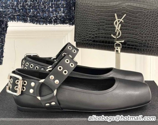 Duplicate Alaia Biker Squared toe Ballet Flats in Calfskin and Eyelets with Buckle Black 50224055