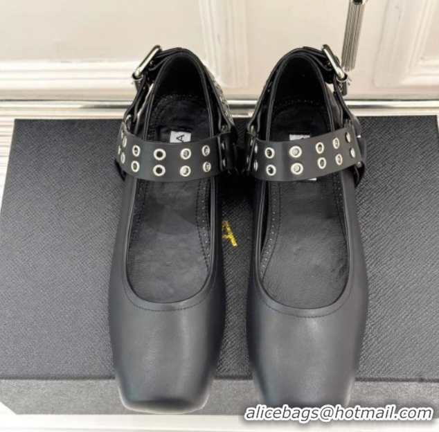 Duplicate Alaia Biker Squared toe Ballet Flats in Calfskin and Eyelets with Buckle Black 50224055