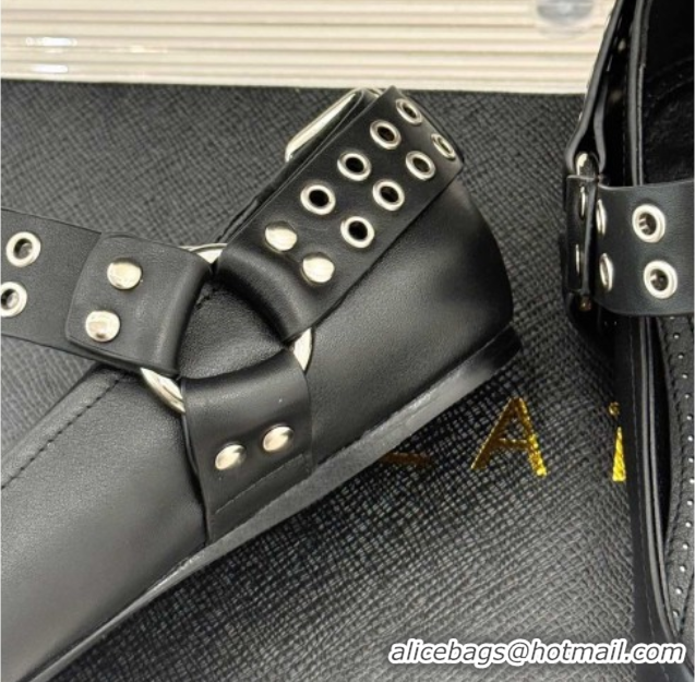 Duplicate Alaia Biker Squared toe Ballet Flats in Calfskin and Eyelets with Buckle Black 50224055