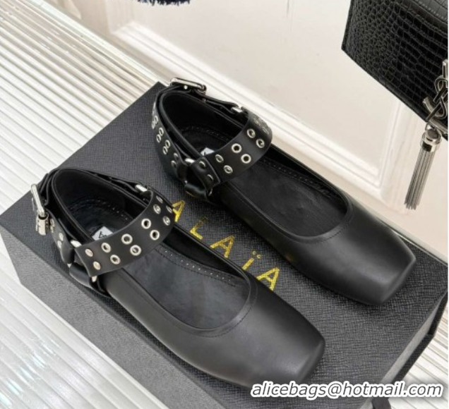 Duplicate Alaia Biker Squared toe Ballet Flats in Calfskin and Eyelets with Buckle Black 50224055