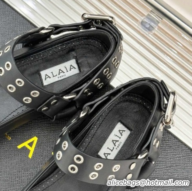 Duplicate Alaia Biker Squared toe Ballet Flats in Calfskin and Eyelets with Buckle Black 50224055
