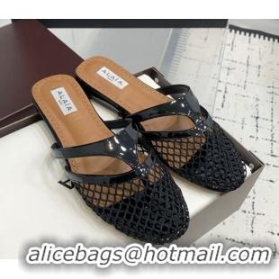 Design Alaia Intricated Flat Mules in Fishnet and Patent Calf Leather Black 0428067