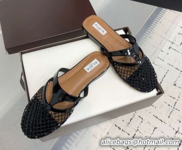 Design Alaia Intricated Flat Mules in Fishnet and Patent Calf Leather Black 0428067