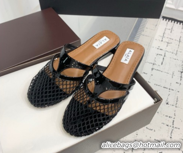 Design Alaia Intricated Flat Mules in Fishnet and Patent Calf Leather Black 0428067