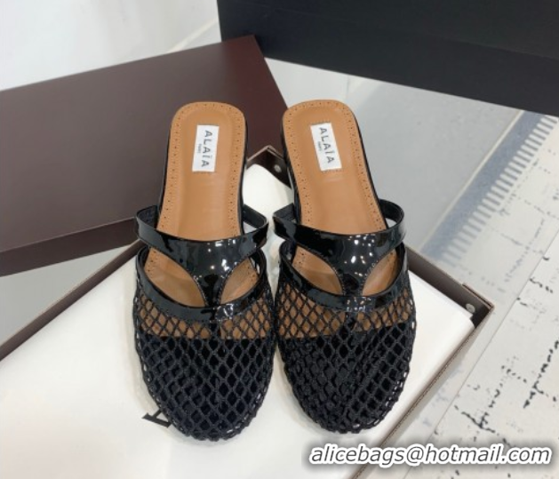 Design Alaia Intricated Flat Mules in Fishnet and Patent Calf Leather Black 0428067