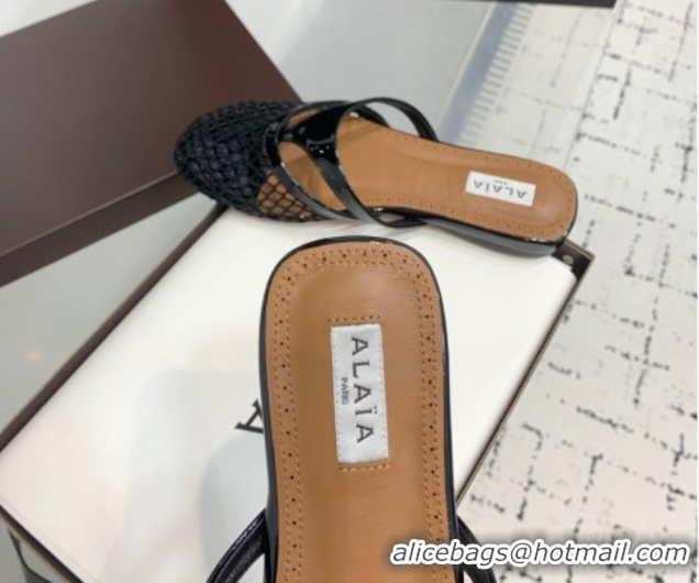 Design Alaia Intricated Flat Mules in Fishnet and Patent Calf Leather Black 0428067
