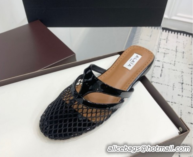 Design Alaia Intricated Flat Mules in Fishnet and Patent Calf Leather Black 0428067
