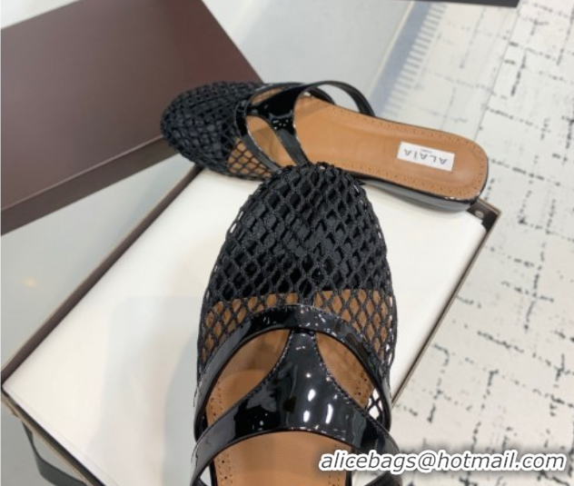 Design Alaia Intricated Flat Mules in Fishnet and Patent Calf Leather Black 0428067