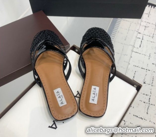 Design Alaia Intricated Flat Mules in Fishnet and Patent Calf Leather Black 0428067