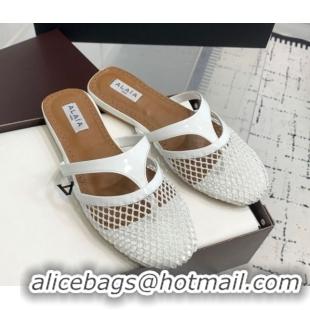 Stylish Alaia Intricated Flat Mules in Fishnet and Patent Leather White 0428068