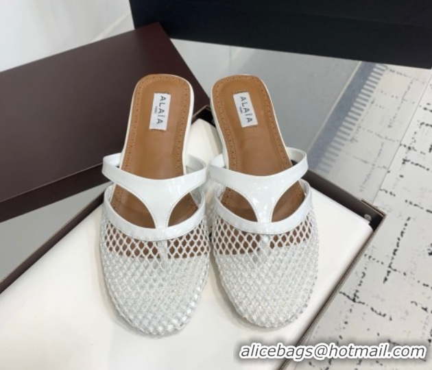 Stylish Alaia Intricated Flat Mules in Fishnet and Patent Leather White 0428068
