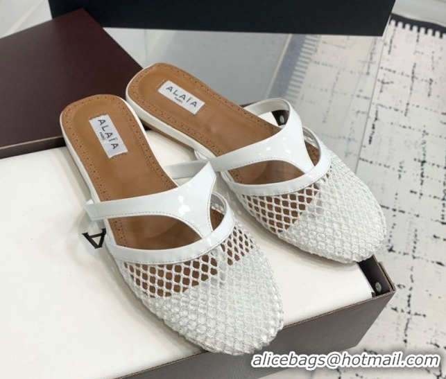 Stylish Alaia Intricated Flat Mules in Fishnet and Patent Leather White 0428068