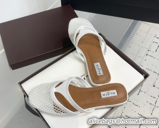 Stylish Alaia Intricated Flat Mules in Fishnet and Patent Leather White 0428068