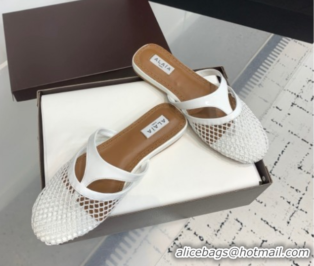 Stylish Alaia Intricated Flat Mules in Fishnet and Patent Leather White 0428068