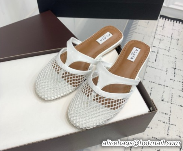 Stylish Alaia Intricated Flat Mules in Fishnet and Patent Leather White 0428068