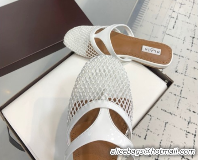 Stylish Alaia Intricated Flat Mules in Fishnet and Patent Leather White 0428068
