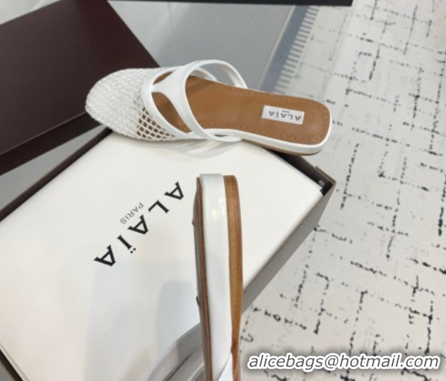 Stylish Alaia Intricated Flat Mules in Fishnet and Patent Leather White 0428068