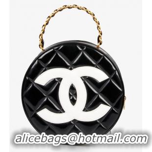 Grade Design Chanel Vanity Case Vintage Round Top Handle Bag Quilted Patent Leather CH8974 Black