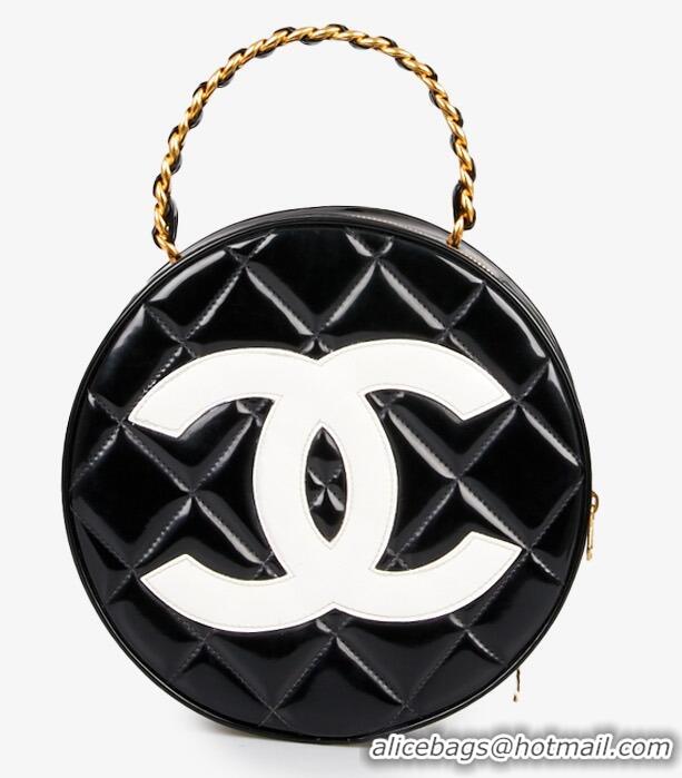 Grade Design Chanel Vanity Case Vintage Round Top Handle Bag Quilted Patent Leather CH8974 Black