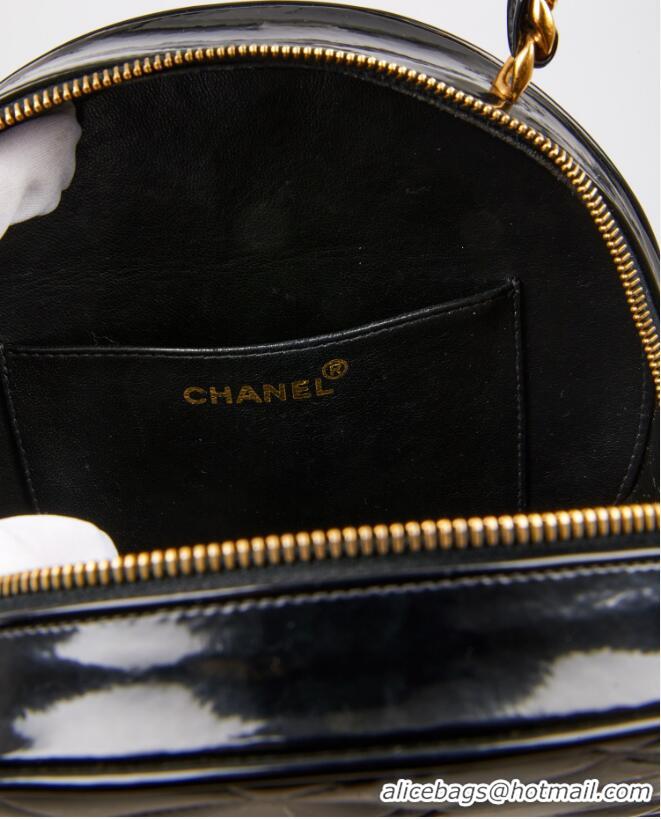Grade Design Chanel Vanity Case Vintage Round Top Handle Bag Quilted Patent Leather CH8974 Black
