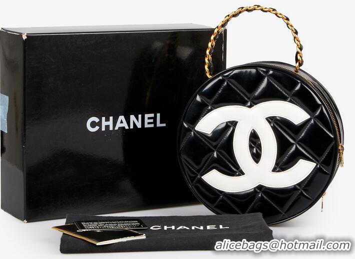 Grade Design Chanel Vanity Case Vintage Round Top Handle Bag Quilted Patent Leather CH8974 Black