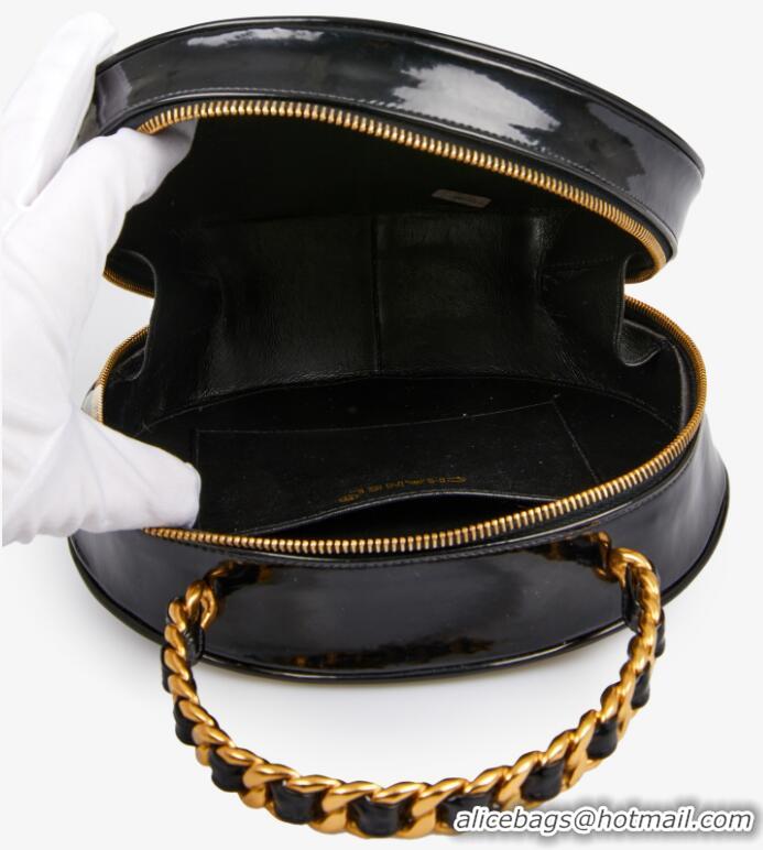 Grade Design Chanel Vanity Case Vintage Round Top Handle Bag Quilted Patent Leather CH8974 Black