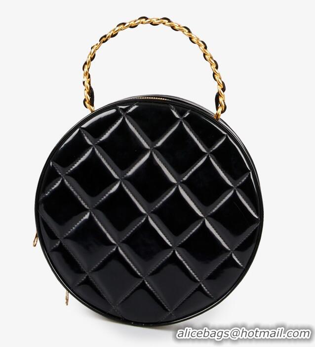 Grade Design Chanel Vanity Case Vintage Round Top Handle Bag Quilted Patent Leather CH8974 Black